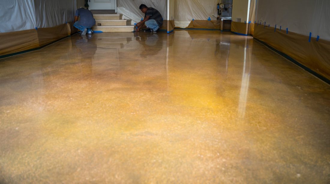 Example of a coated floor being installed